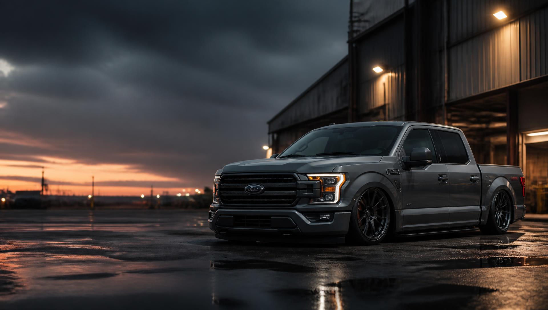 Lowered Ford F-150 on Ridetech suspension at dusk